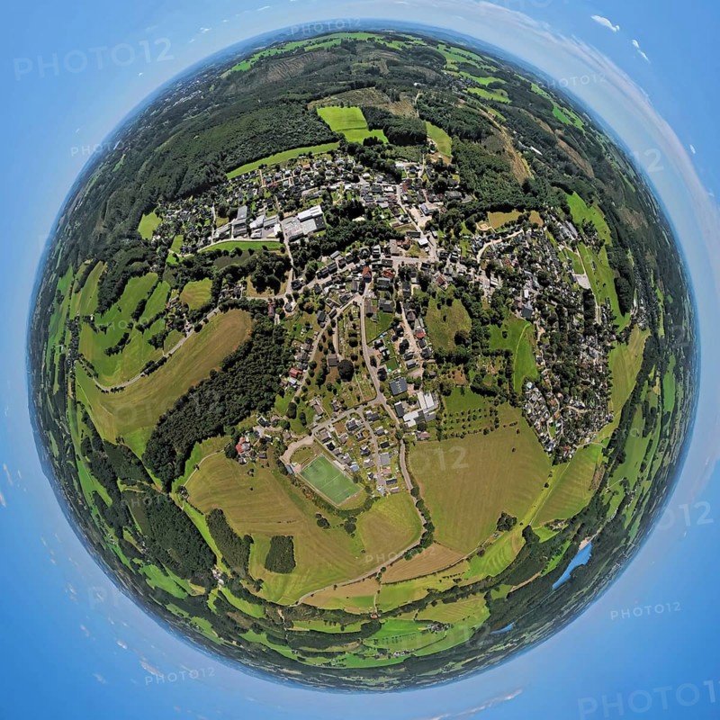 Aerial view, residential area, view of Rönsahl, earth globe, fisheye image, 360 degree image, tiny world, little planet, fisheye image, Rönsahl, Kierspe, Sauerland, North Rhine-Westphalia, Germany, DE, Europe, property tax, real estate, aerial view, aerial photography, aerial photography, Ruhr area, overview, bird's eye view, residential area, living and living, residential area, residential quality, residential neighbourhood, housing estate, residential area, birds-eyes view, overview