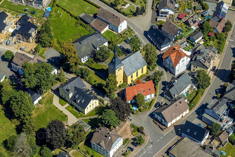 Aerial view, Protestant Church of St Servatius, Rönsahl, Kierspe, Sauerland, North Rhine-Westphalia, Germany, place of worship, DE, Europe, religious community, place of worship, holy place, church, parish, denomination, aerial view, aerial photography, aerial photography, religion, religious site, Ruhr area, overview, bird's-eye view, birds-eyes view, overview
