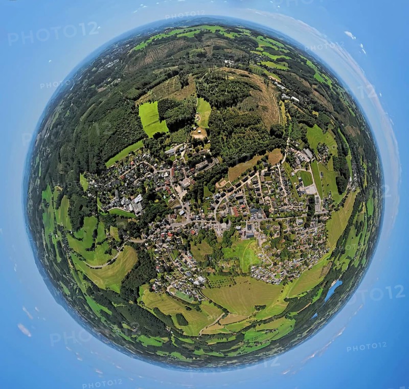 Aerial view, residential area, view of Rönsahl, earth globe, fisheye image, 360 degree image, tiny world, little planet, fisheye image, Rönsahl, Kierspe, Sauerland, North Rhine-Westphalia, Germany, DE, Europe, property tax, real estate, aerial view, aerial photography, aerial photography, Ruhr area, overview, bird's eye view, residential area, living and living, residential area, residential quality, residential neighbourhood, housing estate, residential area, birds-eyes view, overview