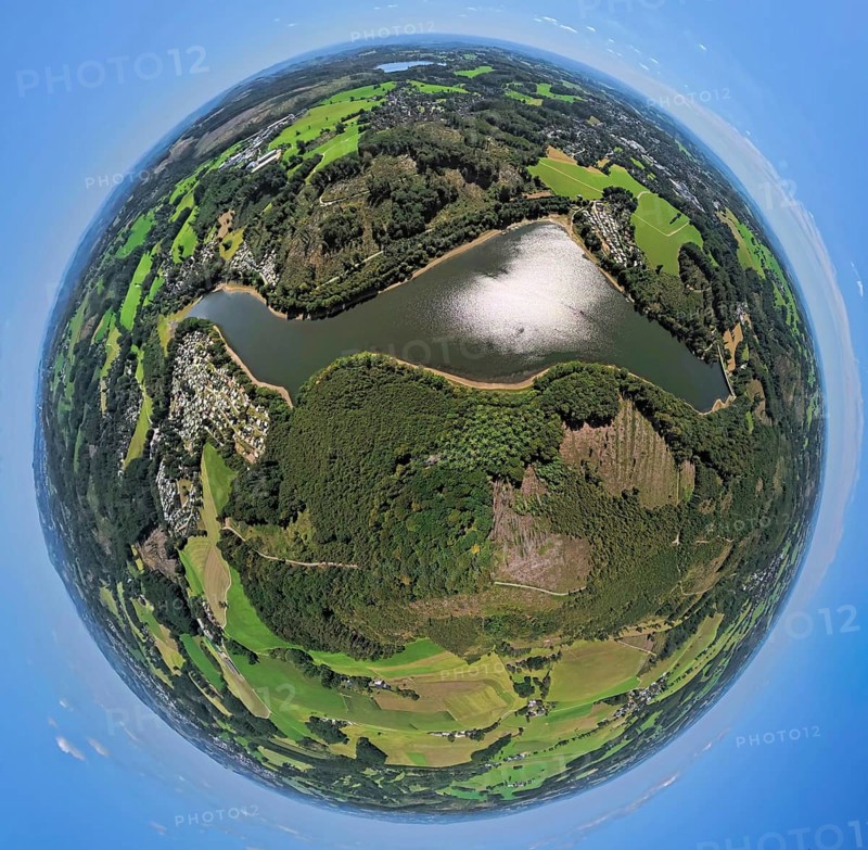 Aerial photograph, Lingesetalsperre and forest area with forest damage, Lingese campsite, Lambacher Höhe campsite and Marienheide campsite to Wiesengrund, earth globe, fisheye image, fisheye image, 360 degree image, tiny world, little planet, fisheye image, Griemeringhausen, Marienheide, Sauerland, North Rhine-Westphalia, Germany, tree death, camping, camping site, campsite, DE, Europe, leisure, hobby, clear-cutting, calamity areas, Kierspe, aerial view, aerial photography, aerial photography, Ruhr area, overview, bird's-eye view, forest, forest damage, forest dieback, birds-eyes view, overview