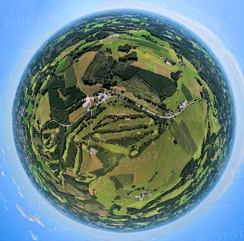 Aerial photo, Golfwiese und Golfclub Varmert e.V., earth globe, fisheye image, 360 degree image, tiny world, little planet, fisheye image, Elbringhausen, Kierspe, Sauerland, North Rhine-Westphalia, Germany, DE, Europe, golf, golf course, golf meadow, aerial photo, aerial photography, aerial photography, Ruhr area, sports, overview, bird's eye view, birds-eyes view, overview