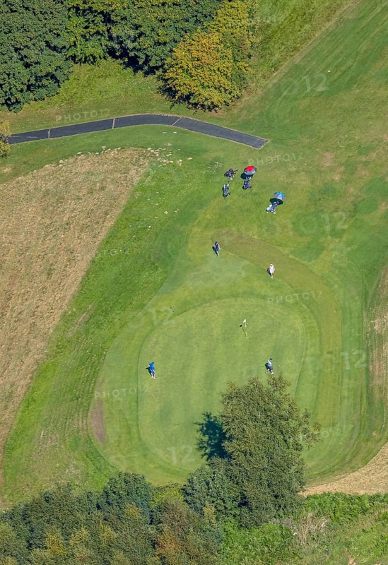 Aerial photo, golf meadow Golfclub Varmert e.V., golfer on the meadow at the hole, Elbringhausen, Kierspe, Sauerland, North Rhine-Westphalia, Germany, DE, Europe, golf, golf course, golf club, golf meadow, aerial photo, aerial photography, aerial photography, Ruhr area, sport, overview, bird's-eye view, overview