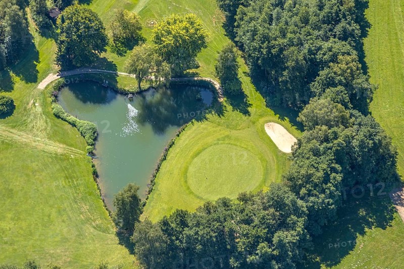Aerial photo, golf meadow Golfclub Varmert e.V., heart-shaped pond, Elbringhausen, Kierspe, Sauerland, North Rhine-Westphalia, Germany, DE, Europe, golf, golf course, golf club, golf meadow, aerial photo, aerial photography, aerial photography, Ruhr area, sand bunker, sport, overview, bird's-eye view, overview