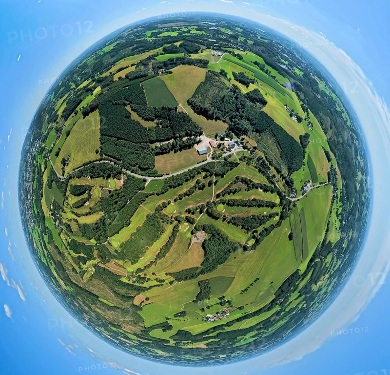 Aerial photo, Golfwiese und Golfclub Varmert e.V., earth globe, fisheye image, 360 degree image, tiny world, little planet, fisheye image, Elbringhausen, Kierspe, Sauerland, North Rhine-Westphalia, Germany, DE, Europe, golf, golf course, golf meadow, aerial photo, aerial photography, aerial photography, Ruhr area, sports, overview, bird's eye view, birds-eyes view, overview