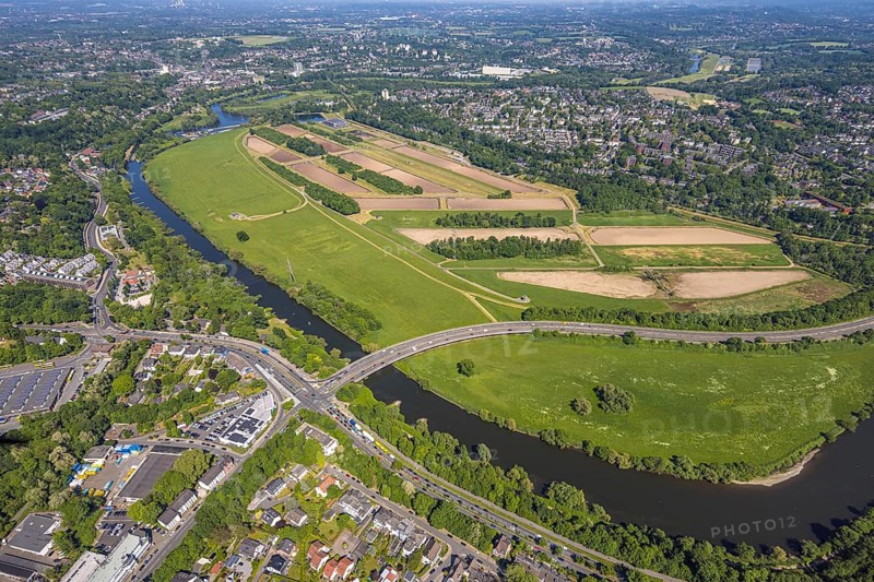 Aerial view, waterworks Wassergewinnung Essen GmbH on the river Ruhr, Konrad-Adenauer-Brücke, Überruh-Hinsel, Essen, Ruhr area, North Rhine-Westphalia, Germany