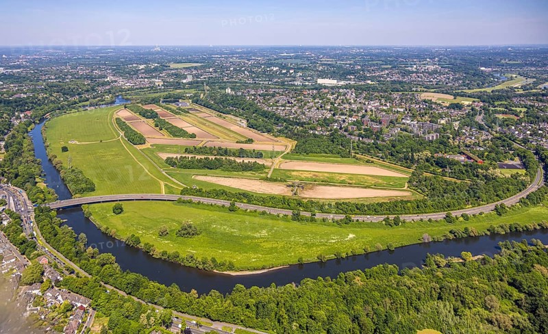 Aerial view, waterworks Wassergewinnung Essen GmbH on the river Ruhr, Konrad-Adenauer-Brücke, Überruh-Hinsel, Essen, Ruhr area, North Rhine-Westphalia, Germany