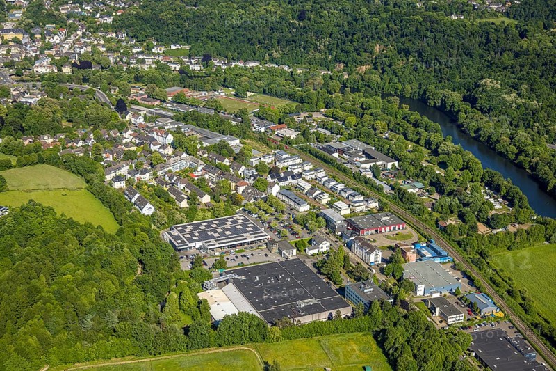 Aerial view, Medienhaus Ruhr GmbH and BOB Automobile - Renault - Essen, new residential area between Ruhrtalstraße and railway line, Werden, Essen, Ruhr area, North Rhine-Westphalia, Germany