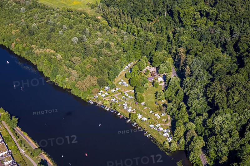 Aerial view, Cammerzell campsite on the Ruhr river and surrounded by forest, Kettwig, Essen, Ruhr area, North Rhine-Westphalia, Germany