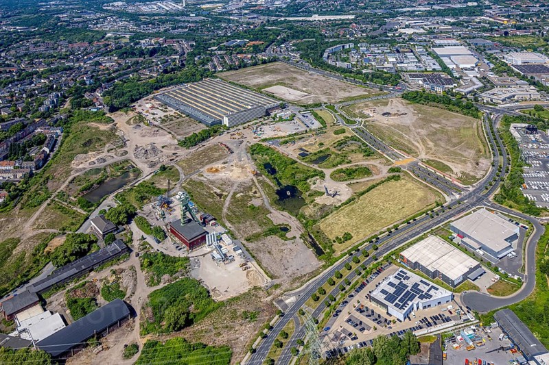 Aerial view, new construction area Stadtquartier Essen 51, Helenenstraße, Berthold-Beitz-Boulevard, former Amalie shaft with winding tower, Nordviertel, Essen, Ruhr area, North Rhine-Westphalia, Germany
