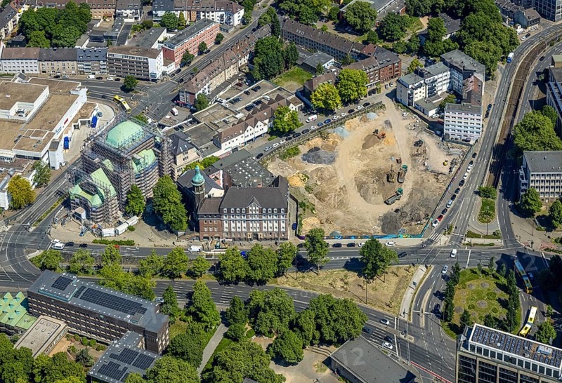 Aerial view, planned new building BürgerRathaus, former job centre and old main swimming pool between Steeler Straße and Bernerstraße, renovation of old synagogue, city centre, Essen, Ruhr area, North Rhine-Westphalia, Germany