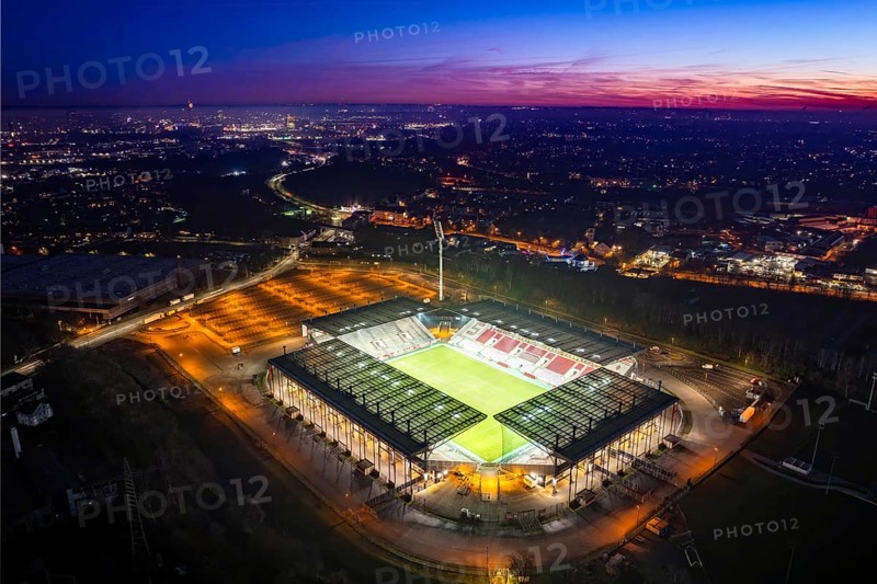 Aerial view, football stadium at the Hafenstraße of the club Rot-Weiß Essen, 3rd Bundesliga, Essen-Borbeck, stands, Essen, Ruhr area, North Rhine-Westphalia, Germany Copyright: Blossey Mantler