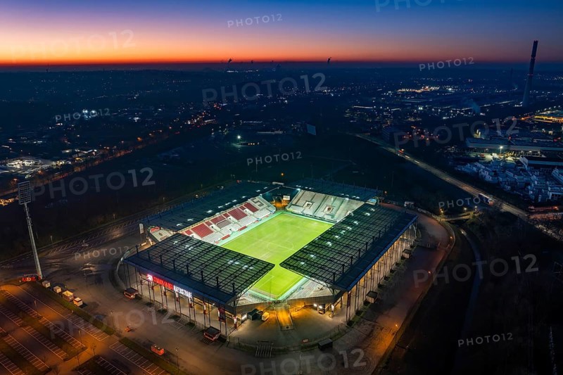 Aerial view, football stadium at the Hafenstraße of the club Rot-Weiß Essen, 3rd Bundesliga, Essen-Borbeck, stands, Essen, Ruhr area, North Rhine-Westphalia, Germany Copyright: Blossey Mantler