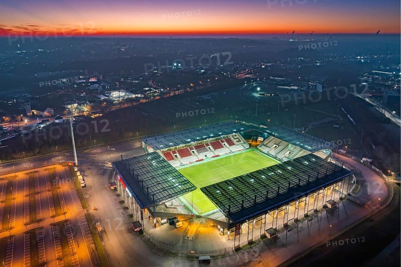 Aerial view, football stadium at the Hafenstraße of the club Rot-Weiß Essen, 3rd Bundesliga, Essen-Borbeck, stands, Essen, Ruhr area, North Rhine-Westphalia, Germany Copyright: Blossey Mantler