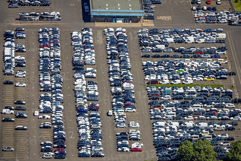 Aerial view, car park of CAT Automobillogistik Essen GmbH, Katernberg, Essen, Ruhr area, North Rhine-Westphalia, Germany
