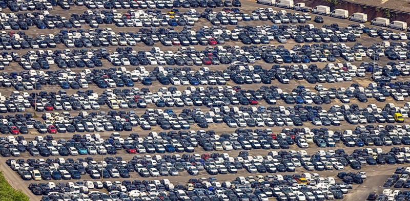 Aerial view, car park of CAT Automobillogistik Essen GmbH, Katernberg, Essen, Ruhr area, North Rhine-Westphalia, Germany