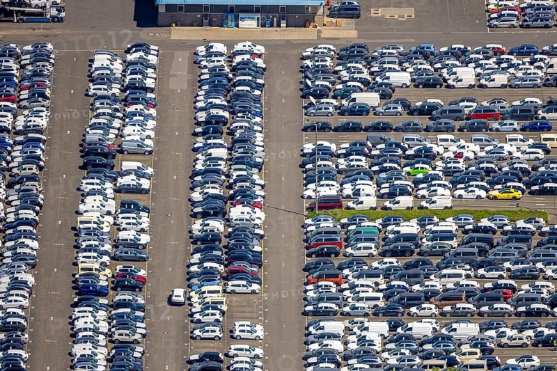 Aerial view, car park of CAT Automobillogistik Essen GmbH, Katernberg, Essen, Ruhr area, North Rhine-Westphalia, Germany