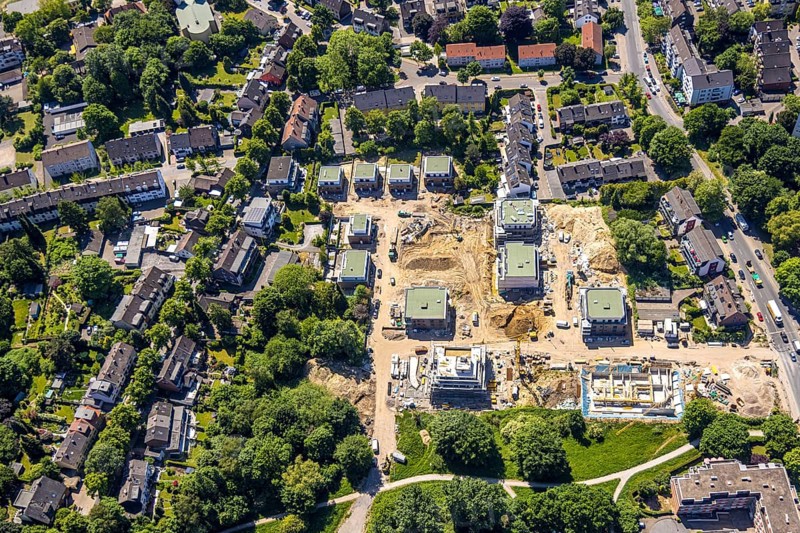 Aerial view, construction site at the former Bocholder Straße nursery with new-build apartment blocks and owner-occupied homes An der Gärtnerei, Bochold, Essen, Ruhr area, North Rhine-Westphalia, Germany