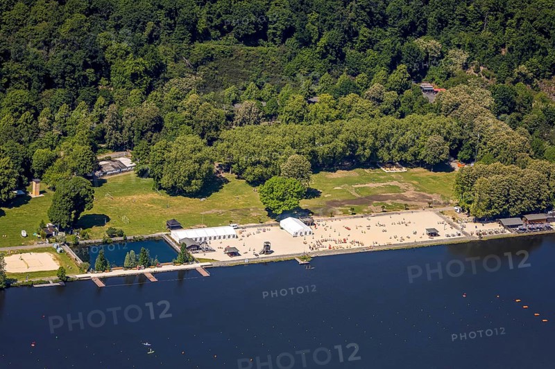 Aerial view, bathing area Seaside Beach, Freiherr-vom-Stein-Straße, outdoor pool and beach Lake Baldeney, Bredeney, Essen, Ruhr area, North Rhine-Westphalia, Germany
