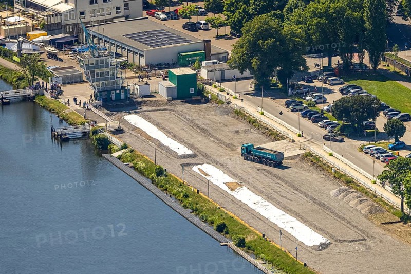 Aerial view, construction site with new regatta grandstand at the regatta centre and the regatta course at Lake Baldeney, Bredeney, Essen, Ruhr area, North Rhine-Westphalia, Germany