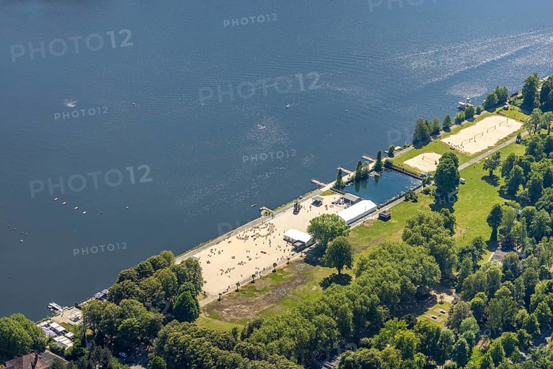 Aerial view, bathing area Seaside Beach, Freiherr-vom-Stein-Straße, outdoor pool and beach Lake Baldeney, Bredeney, Essen, Ruhr area, North Rhine-Westphalia, Germany