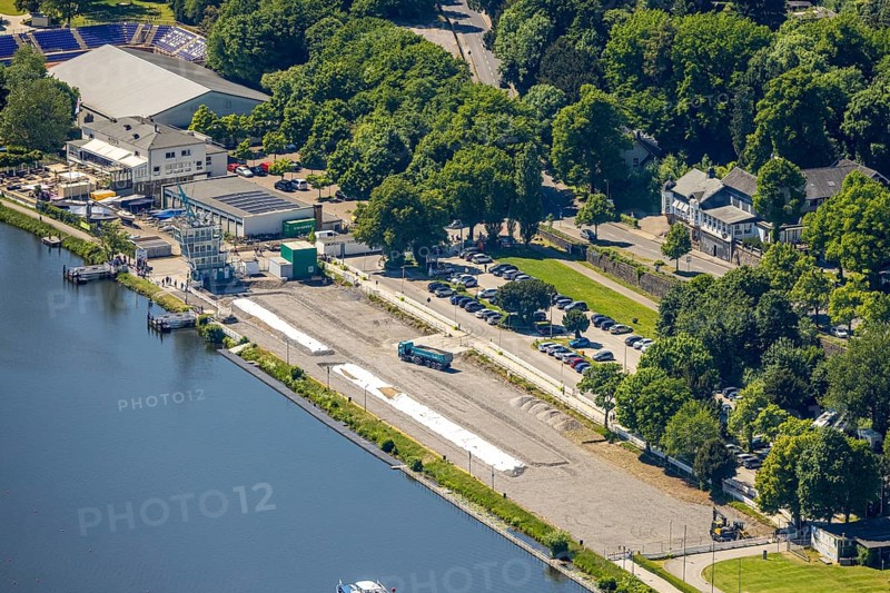 Aerial view, construction site with new regatta grandstand at the regatta centre and the regatta course at Lake Baldeney, Bredeney, Essen, Ruhr area, North Rhine-Westphalia, Germany