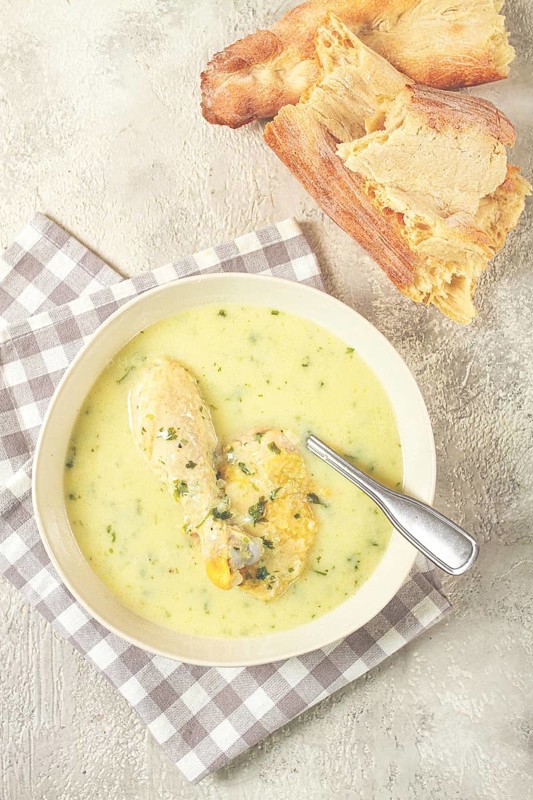 Chikhirtma chicken soup, Georgian dish, with lavash, top view, no people