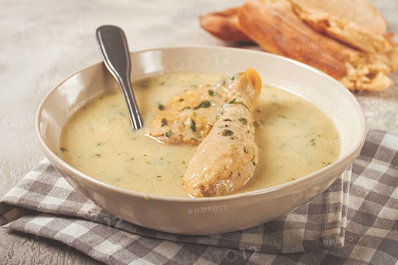Chikhirtma chicken soup, Georgian dish, with lavash, top view, no people