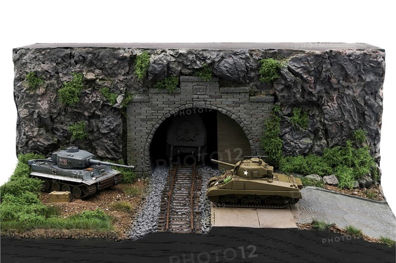 Model building diorama: Tiger and Sherman tanks at the railway tunnel