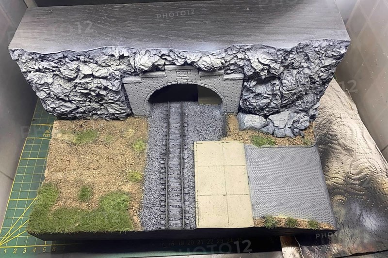 Model making diorama: railway tunnel, tracks and rocky landscape, Haan, North Rhine-Westphalia, Germany
