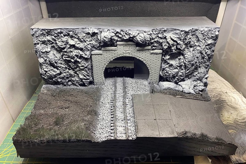 Model making diorama: railway tunnel, tracks and rocky landscape, Haan, North Rhine-Westphalia, Germany