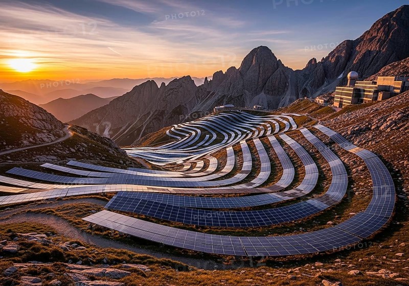 Winding rows of solar panels seamlessly integrated into a mountainous landscape under a dynamic sky, symbolizing renewable energy and a sustainable future.AI Generated