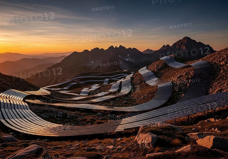 Winding rows of solar panels seamlessly integrated into a mountainous landscape under a dynamic sky, symbolizing renewable energy and a sustainable future.AI Generated