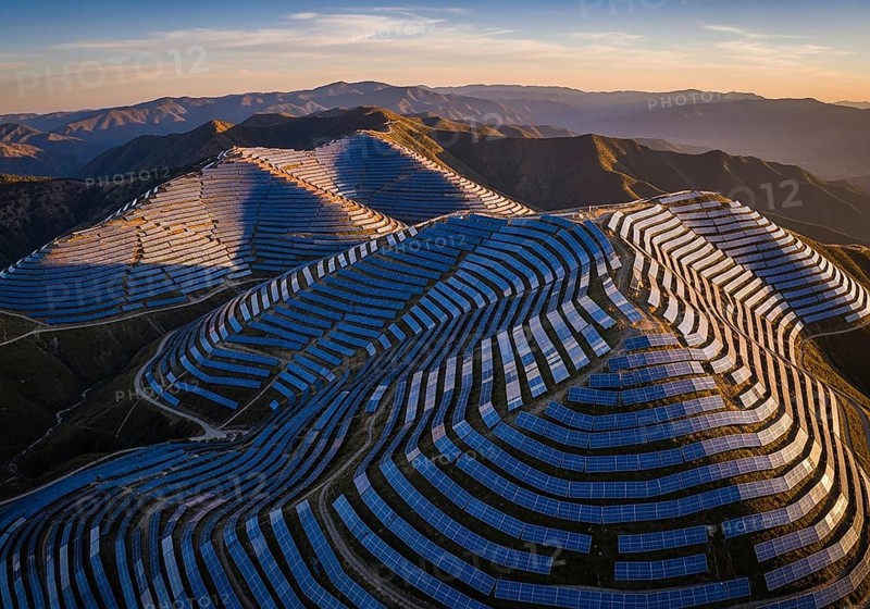 Winding rows of solar panels seamlessly integrated into a mountainous landscape under a dynamic sky, symbolizing renewable energy and a sustainable future.AI Generated