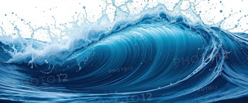 A powerful blue ocean wave cresting, with splashes and foam against a white background. Captivating and dynamic, AI generated