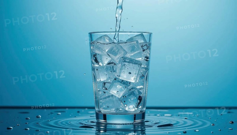 A glass of water being poured over ice cubes on a blue background. Water droplets are visible, creating a refreshing scene, AI generated