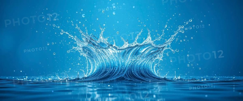 Captivating water splash against a vibrant blue backdrop, showcasing the dynamic nature of liquid in motion, AI generated
