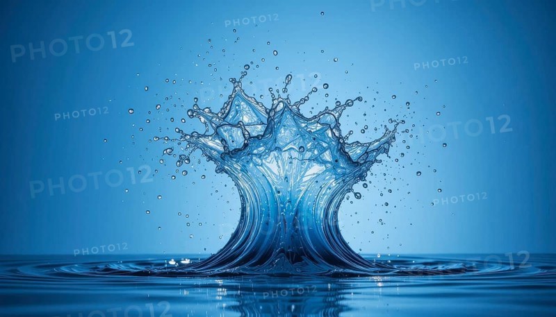 A striking capture of a water splash, showcasing the dynamics and beauty of fluid motion against a blue backdrop, AI generated