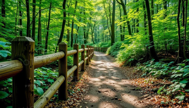 A scenic forest path leads through a vibrant green woodland, with a wooden fence bordering the trail, AI generated