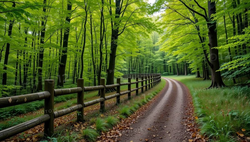 A winding dirt road meanders through a vibrant green forest, framed by a rustic wooden fence and lush foliage, creating a serene and inviting scene, AI generated