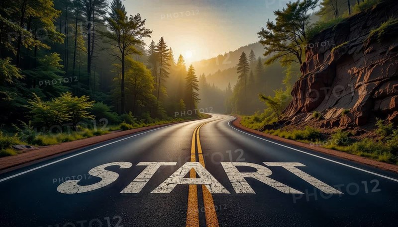 A winding road through a lush forest at sunrise, the word 'START' painted on the pavement, symbolizing new beginnings and journeys, AI generated