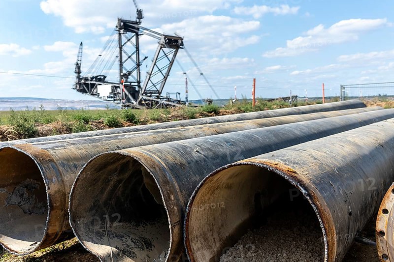 Large excavator in open-cast mine with pipes in the foreground, Manheim, North Rhine-Westphalia, Germany