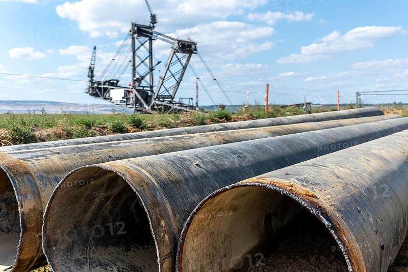 Large excavator in open-cast mine with pipes in the foreground, Manheim, North Rhine-Westphalia, Germany