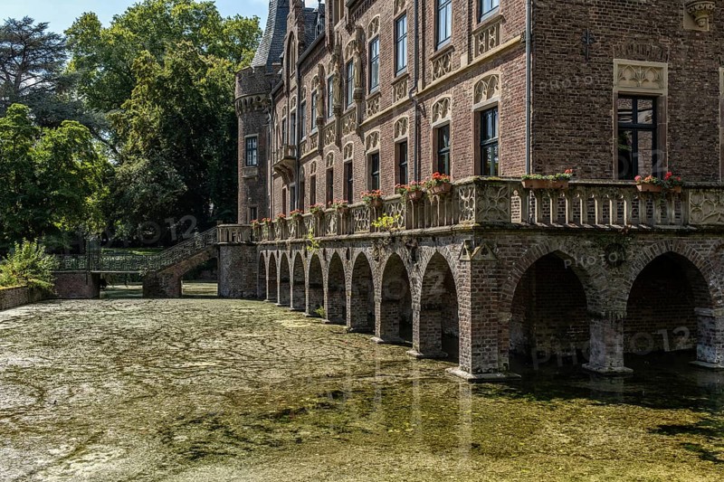 Paffendorf Castle with arcades on the moat, Paffendorf, North Rhine-Westphalia, Germany