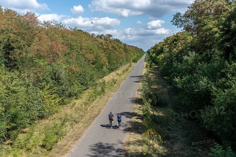Cyclist on the former railway line of the Hambach open-cast mine, Rhineland-Palatinate, Germany