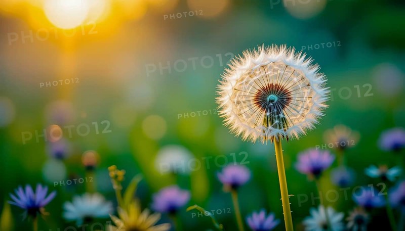 Close-up of a dandelion seed head in a meadow, illuminated by the warm glow of the setting sun, creating a dreamy and inviting atmosphere, AI generated