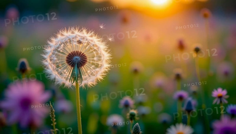 A close-up of a dandelion clock in a field of wildflowers, bathed in golden sunset light, symbolizing hope and wishes, AI generated