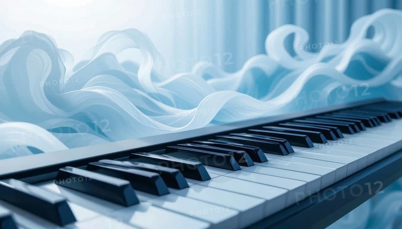 A close-up shot of a piano keyboard with flowing, ethereal blue fabric in the background. The artwork is a beautiful blend of music and visual art, AI generated