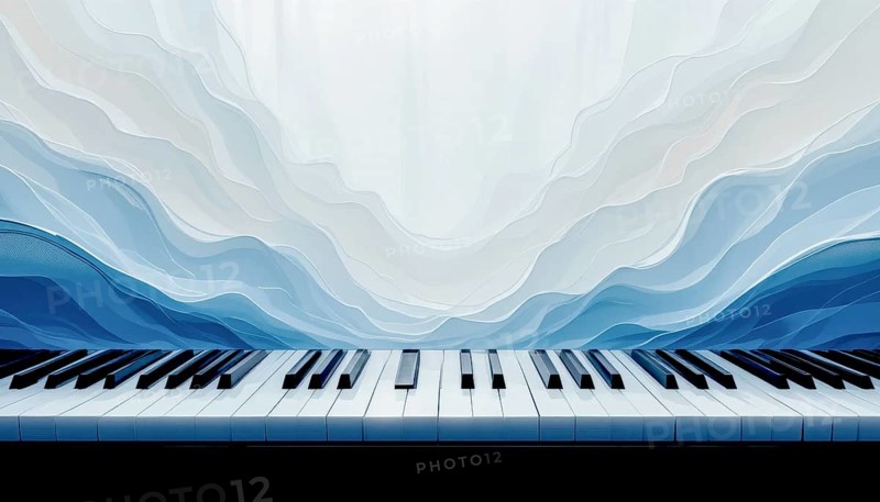 An abstract piano with a stunning blue and white wavy background. The keyboard is in sharp focus, drawing the eye, AI generated