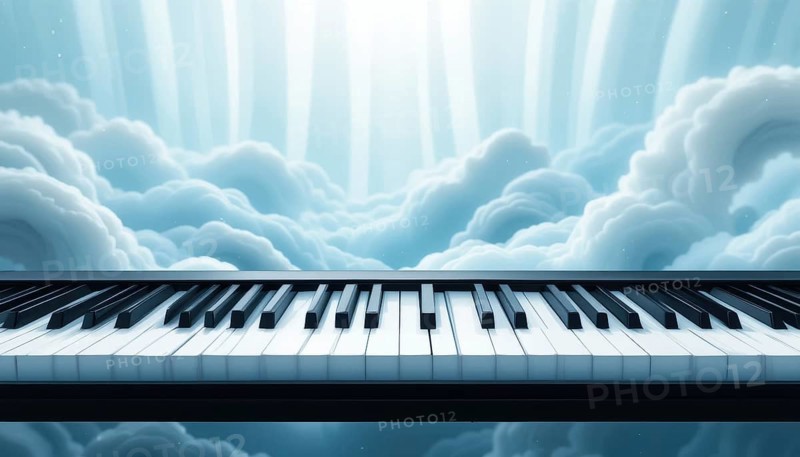 A piano keyboard floats amidst a dreamy cloudscape, evoking a sense of music and serenity, AI generated