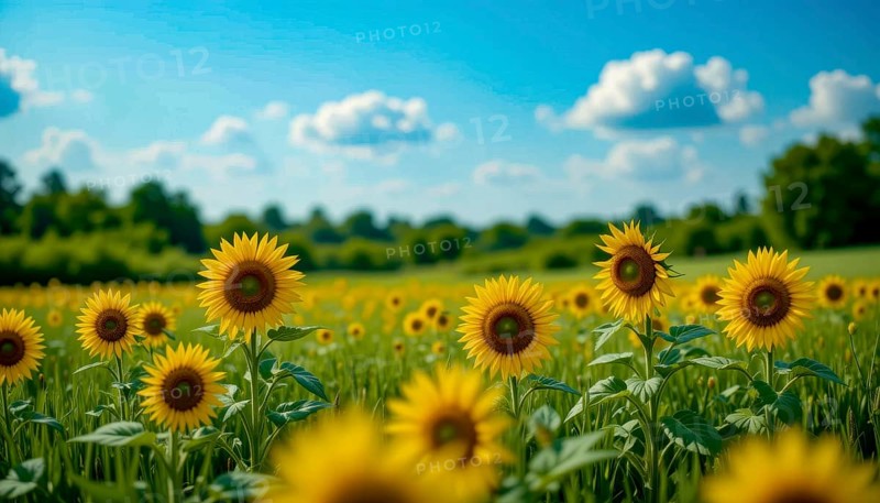 A vibrant field of sunflowers basks in the summer sun, with a clear blue sky dotted with fluffy white clouds, AI generated